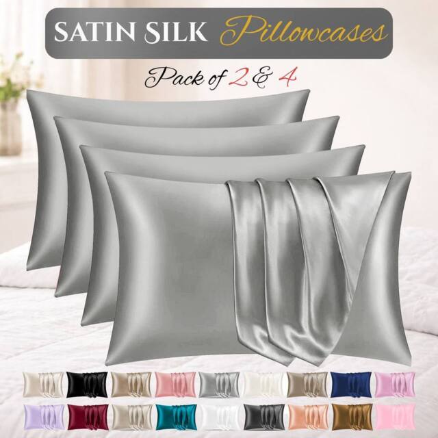 Grace Satin Silk Pillow Cases Pack of 4 Super Soft Smooth Pillow Covers in Grey - Size: Standard Pillow Case - image 1