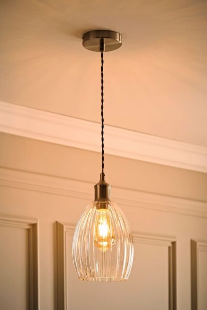 ValueLights Cheltenham Clear Ribbed Glass Dome Pendant Ceiling Light with Bulb in Silver - image 1