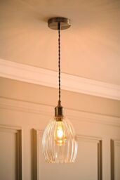 ValueLights Cheltenham Clear Ribbed Glass Dome Pendant Ceiling Light with Bulb in Silver