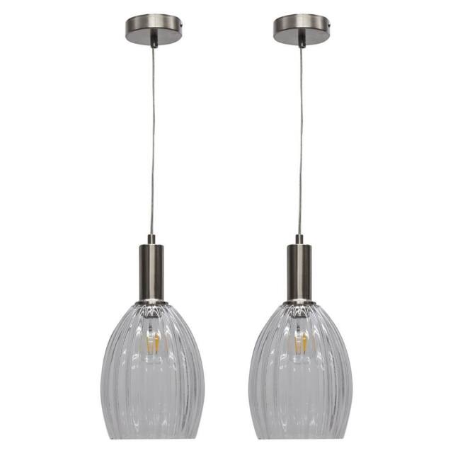 First Choice Lighting Set of 2 Birch - Clear Fluted Glass Satin Nickel Deco Pendant Fittings - image 1