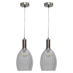 First Choice Lighting Set of 2 Birch - Clear Fluted Glass Satin Nickel Deco Pendant Fittings - thumbnail 1