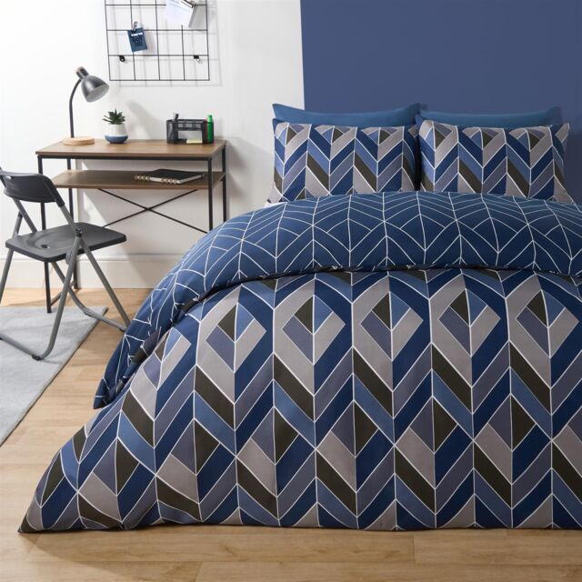 OHS Geo Duvet Cover Bedding Set Pillowcase Reversible Quilt Soft Chevron in Dark Navy - Size: King - image 1