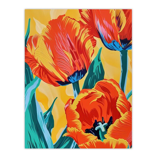 "Artery8 Vibrant Orange Tulip Flowers Floral Oil Painting Wall Art Print - Size: W24"" x H32""" - image 1