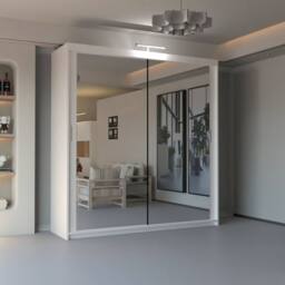 Sliding Wardrobes 4U Modern Mirror Sliding Wardrobe with Top LED Light W120cm x H217cm in White - thumbnail 1