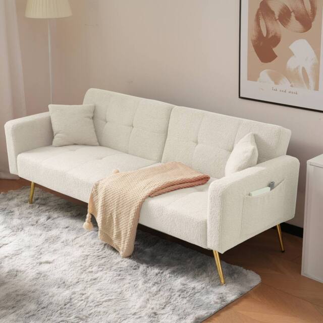 BTM Sofa Bed with 3-Position Backrest, Gold Legs & Side Storage in White - Size: A - image 1