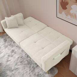BTM Sofa Bed with 3-Position Backrest, Gold Legs & Side Storage in White - Size: A - thumbnail 3