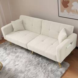 BTM Sofa Bed with 3-Position Backrest, Gold Legs & Side Storage in White - Size: A - thumbnail 4