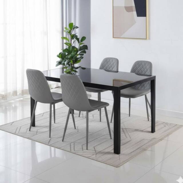 KOSY KOALA Modern Black Glass Dining Table Set with 4 Grey Dining Chairs - Size: 120 cm x 70 cm - image 1