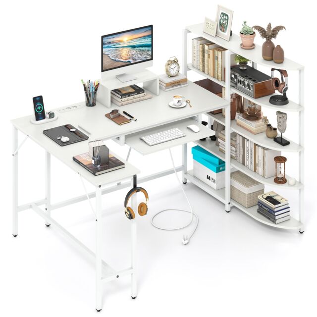 Gymax Corner Computer Desk L-Shaped Desk With Storage Shelves in White - image 1
