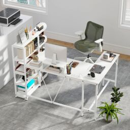 Gymax Corner Computer Desk L-Shaped Desk With Storage Shelves in White - thumbnail 4