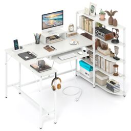 Gymax Corner Computer Desk L-Shaped Desk With Storage Shelves in White - thumbnail 1