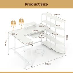 Gymax Corner Computer Desk L-Shaped Desk With Storage Shelves in White - thumbnail 2