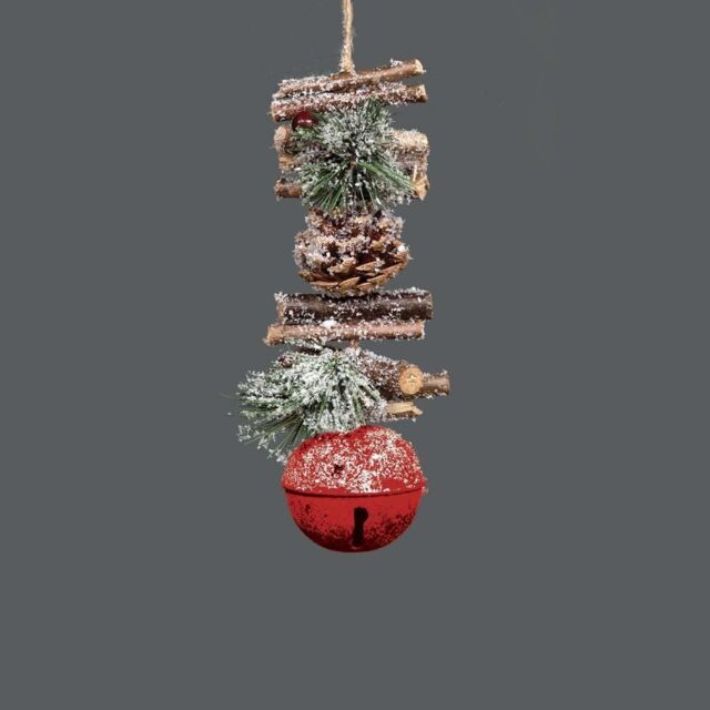 Shatchi Hanging Decoration with Jingle Bells Wooden Sticks, Berries & Pinecones Christmas Home Wall Door 33cm Red - image 1