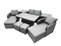 Fimous 8-seater Rattan Garden Furniture Dining Set with 2 Small Footstool in Dark Grey - thumbnail 2