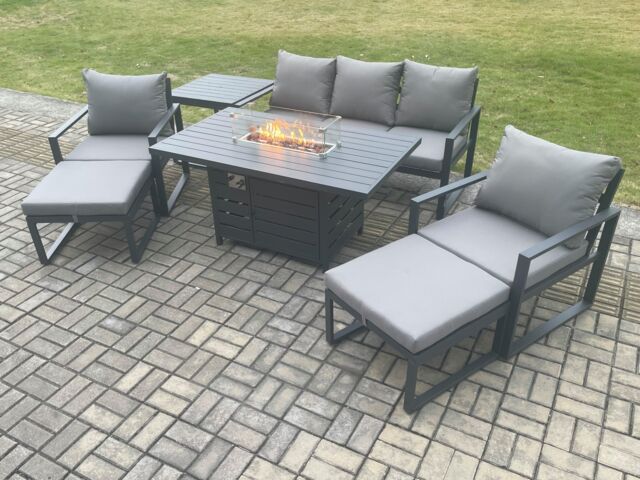 Fimous Aluminium Patio Outdoor Garden Furniture Lounge Sofa Set Gas Fire Pit Dining Table with Side Table 2 Big Footstools Dark Grey - image 1