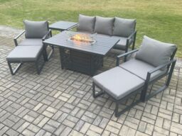 Fimous Aluminium Patio Outdoor Garden Furniture Lounge Sofa Set Gas Fire Pit Dining Table with Side Table 2 Big Footstools Dark Grey - thumbnail 1