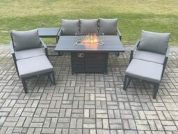 Fimous Aluminium Patio Outdoor Garden Furniture Lounge Sofa Set Gas Fire Pit Dining Table with Side Table 2 Big Footstools Dark Grey - thumbnail 2
