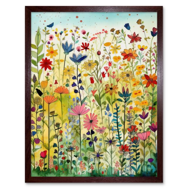"Artery8 Wall Art Print Mixed Wildflower Bloom In Meadow Folk Art Framed in Brown - Size: W12"" x H16""" - image 1