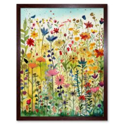 "Artery8 Wall Art Print Mixed Wildflower Bloom In Meadow Folk Art Framed in Brown - Size: W12"" x H16"""