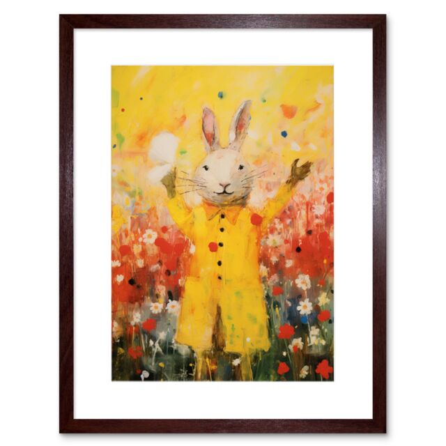 "Artery8 Wall Art Print Rabbit in a Yellow Rain Mac Oil Painting Bright Floral Meadow Kids Bedroom Nursery Artwork Framed 9X7 Inch - Size: W7"" x H9""" - image 1
