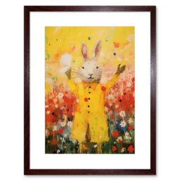 "Artery8 Wall Art Print Rabbit in a Yellow Rain Mac Oil Painting Bright Floral Meadow Kids Bedroom Nursery Artwork Framed 9X7 Inch - Size: W7"" x H9""" - thumbnail 1