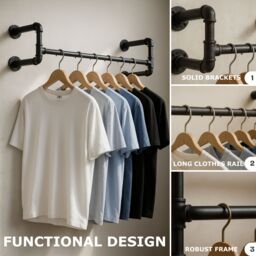 Storvo Industrial Heavy Duty Pipe Wall-Mounted Floating Hanging Rail in Black - thumbnail 8