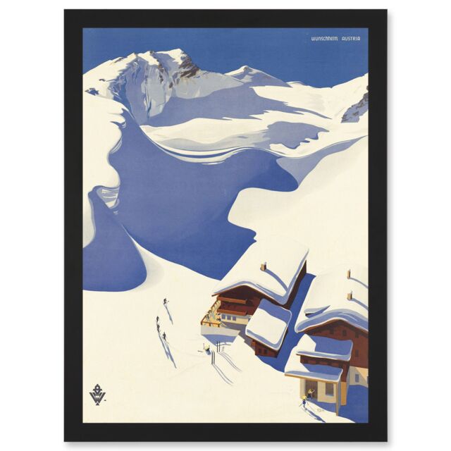 Artery8 Travel Winter Sport Snow Ski Chalet Alps Austria Blue White A4 Artwork Framed Wall Art Print in Black - image 1