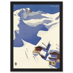 Artery8 Travel Winter Sport Snow Ski Chalet Alps Austria Blue White A4 Artwork Framed Wall Art Print in Black - thumbnail 1