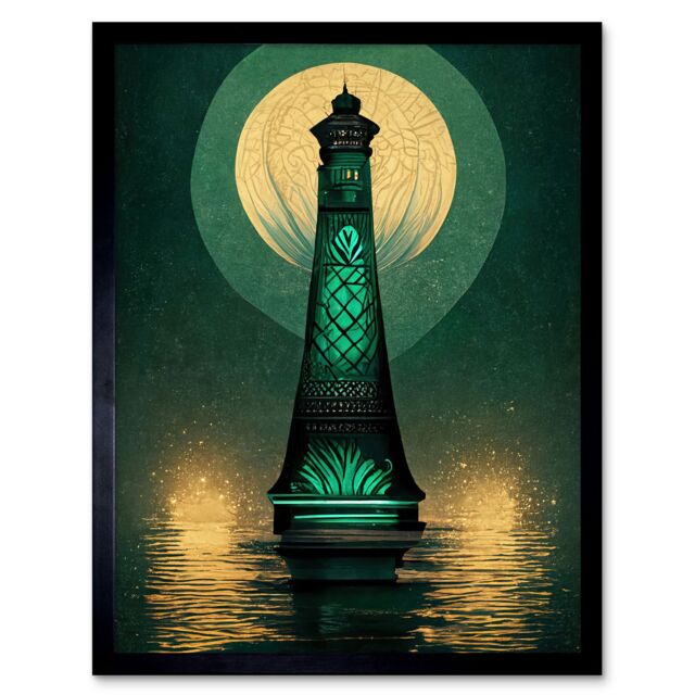 "Artery8 Wall Art Print Art Deco Lighthouse Great Gatsby Moonlight Emerald Art Framed in Green - Size: W12"" x H16""" - image 1