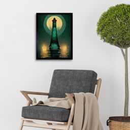 "Artery8 Wall Art Print Art Deco Lighthouse Great Gatsby Moonlight Emerald Art Framed in Green - Size: W12"" x H16""" - thumbnail 2