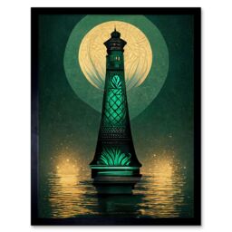 "Artery8 Wall Art Print Art Deco Lighthouse Great Gatsby Moonlight Emerald Art Framed in Green - Size: W12"" x H16""" - thumbnail 1