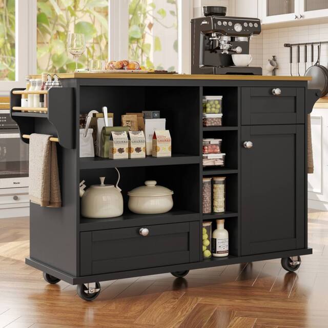 Rolipo Mobile Kitchen Island Trolley with Wood Top & Storage Black - image 1