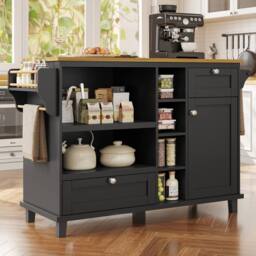 Rolipo Mobile Kitchen Island Trolley with Wood Top & Storage Black - thumbnail 9