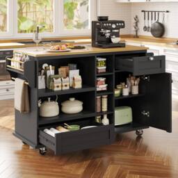 Rolipo Mobile Kitchen Island Trolley with Wood Top & Storage Black - thumbnail 4