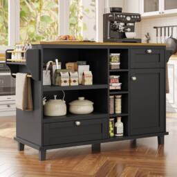 Rolipo Mobile Kitchen Island Trolley with Wood Top & Storage Black - thumbnail 3