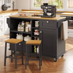 Rolipo Mobile Kitchen Island Trolley with Wood Top & Storage Black - thumbnail 2