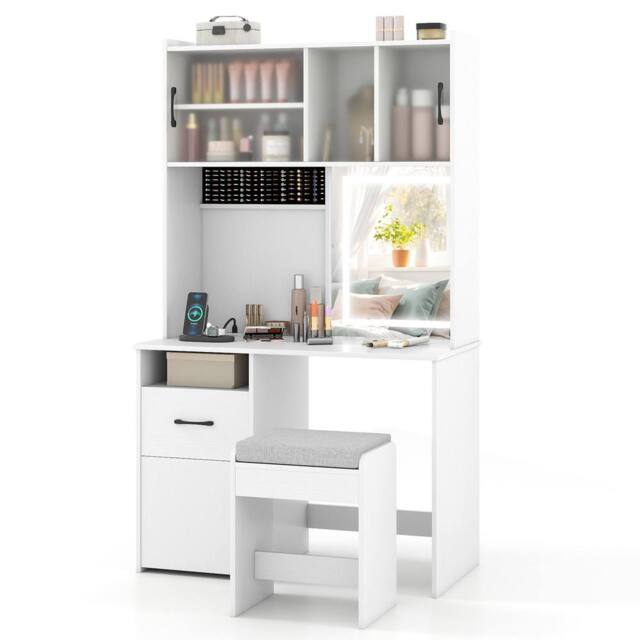 Costway Vanity Desk w/ Mirror & Lights Makeup Dressing Table w/ Power Outlets in White - image 1
