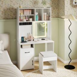 Costway Vanity Desk w/ Mirror & Lights Makeup Dressing Table w/ Power Outlets in White - thumbnail 4