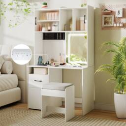 Costway Vanity Desk w/ Mirror & Lights Makeup Dressing Table w/ Power Outlets in White - thumbnail 3