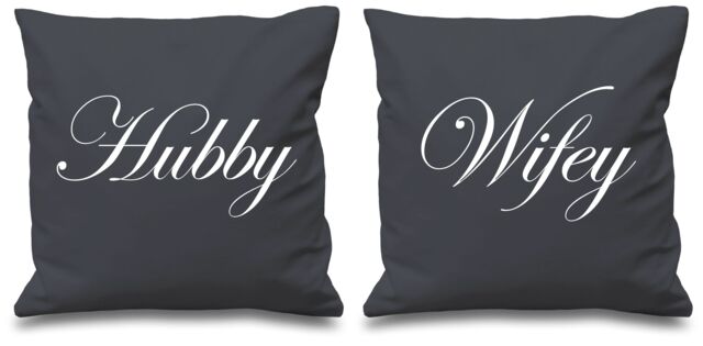 60 SECOND MAKEOVER Hubby Wifey Cushion Covers in Grey - Size: 40 cm x 40 cm