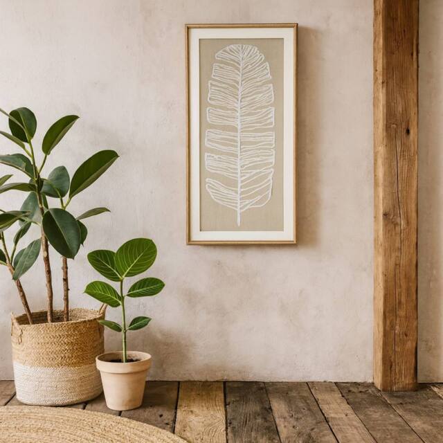 Wyld Haus Large White Feather Art on Cream Linen Beaded Wood Frame in Brown - image 1
