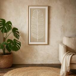 Wyld Haus Large White Feather Art on Cream Linen Beaded Wood Frame in Brown - thumbnail 2