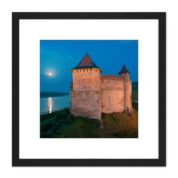 Artery8 Ryshkov Khotyn Fortress Ukraine Full Moon Photo 8X8 Inch Square Wooden Framed Wall Art Print Picture with Mount in Black - thumbnail 1