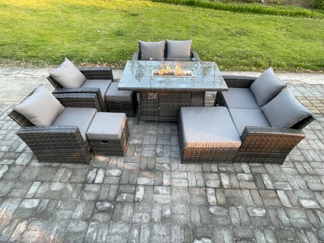 Fimous Outdoor Garden Furniture Sets 8 Pieces Wicker Rattan Furniture Gas Firepit Dining Table Sofa Set with 3 Footstools in Dark Grey