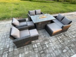 Fimous Outdoor Garden Furniture Sets 8 Pieces Wicker Rattan Furniture Gas Firepit Dining Table Sofa Set with 3 Footstools in Dark Grey - thumbnail 2