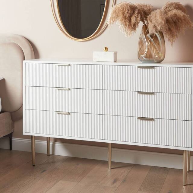 Wyld and Coco Nordic 6-Drawer Chest - White Painted MDF Metal Legs Fluted Fronts - image 1
