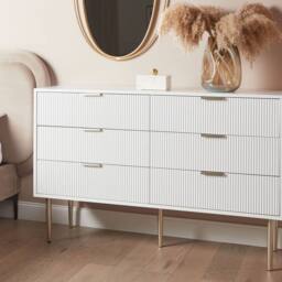 Wyld and Coco Nordic 6-Drawer Chest - White Painted MDF Metal Legs Fluted Fronts