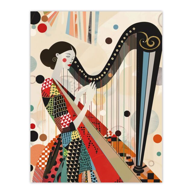"Artery8 Harpist Playing Harp Music Colourful Geometric Wall Art Print - Size: W24"" x H32""" - image 1