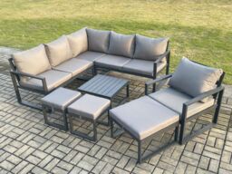 Fimous Outdoor Garden Furniture Set Aluminium Lounge Sofa Square Coffee Table Sets with Chair 3 Footstools Indoor Conservatory Set Dark Grey - thumbnail 1