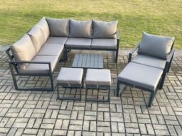 Fimous Outdoor Garden Furniture Set Aluminium Lounge Sofa Square Coffee Table Sets with Chair 3 Footstools Indoor Conservatory Set Dark Grey - thumbnail 2